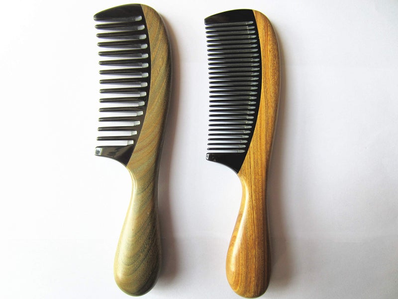 Myhsmooth GBZBYBMT Handmade No Static Black Buffalo Horn Comb with Rounded Green Sandalwood Handle (Pack of 2 Pcs:Wide Tooth and Standard Tooth) - Image 3